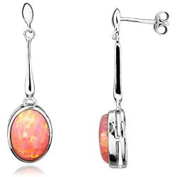 Paul Wright Created Pink Opal Dangle Earrings in 925 Sterling Silver, 10x8mm Oval, Vibrant Coral Pink Color, on Posts