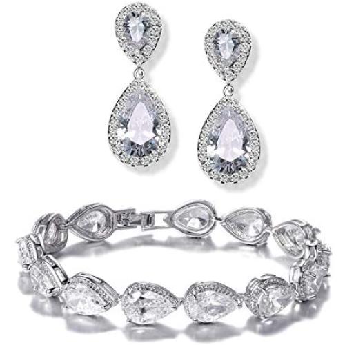 UDORA Teardrop Dangle Earrings Bracelet Bridesmaid Jewelry Set Bridal Wedding Party Prom Gifts