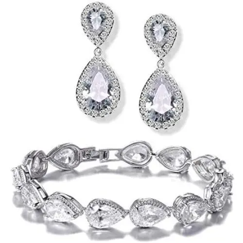 UDORA Teardrop Dangle Earrings Bracelet Bridesmaid Jewelry Set Bridal Wedding Party Prom Gifts