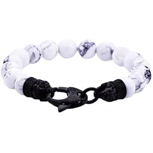 Blackjack Jewelry Mens Genuine Gemstone Stainless Steel Bead Bracelet - Black CZ Skull Lobster Clasp