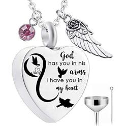 Heart Cremation Urn Necklace for Ashes Jewelry 12 Crystal Memorial Pendant with Fill Kit and Gift Bag - God has You in his arms I Have You in My Heart