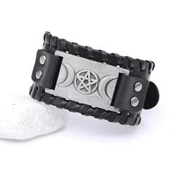 VASSAGO Vintage Pagan Triple Moon Goddess Pentacle Pentagram Metal Amulet Cuff Leather Bracelet