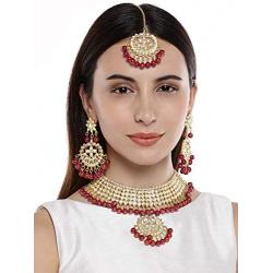 Aheli Faux Kundan Necklace Earrings Maang Tikka Set Indian Ethnic Wedding Fashion Jewelry Set for Women