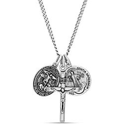 Steve Madden Mens Oxidized Saint Benedict, Crucifix, and Saint Michael Trio Pendant Chain Necklace for Men in Stainless Steel, Silver, 28