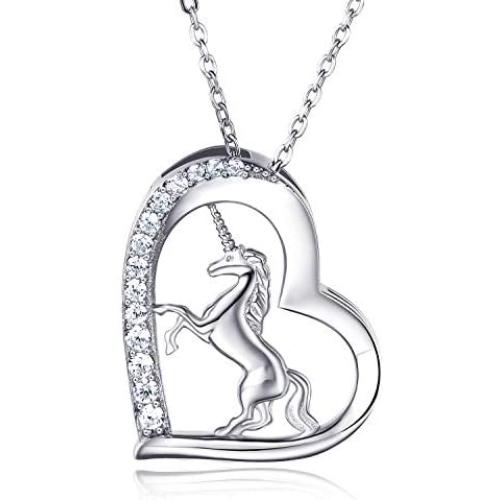 Women 925 Sterling Silver Love Heart Unicorn Pendant Necklace - Van Chloe CZ Diamond White Gold Plated Necklace Valentines Day Mothers Day Jewelry Gift for Women Girls