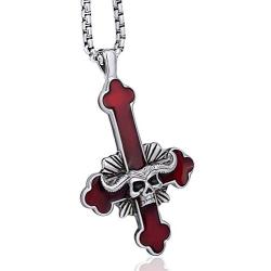 Elfasio Inverted Cross Demon Mens Stainless Steel Necklace Pendant Seal of Satan Sigil of Lucifer The Devils Chain Vintage Jewelry, Red Black