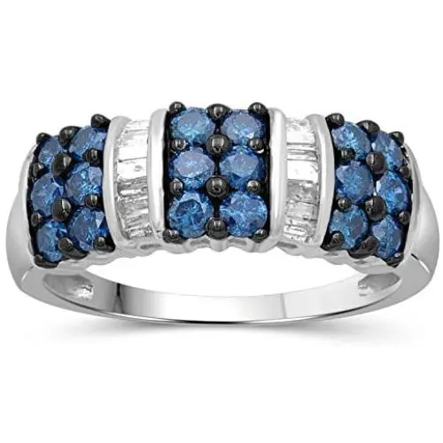 JEWELEXCESS Sterling Silver Blue & White 1 Carat Diamond Ring for Women| Dual-Colored Ring Band with Round Diamonds