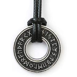 HAQUIL Viking Runes Necklace - Metal Alloy, Norse Runic Coin Talisman Pendant - PU Leather Cord, 19.7''