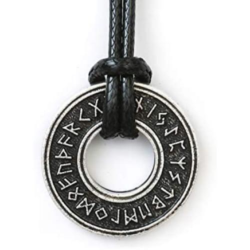 HAQUIL Viking Runes Necklace - Metal Alloy, Norse Runic Coin Talisman Pendant - PU Leather Cord, 19.7''