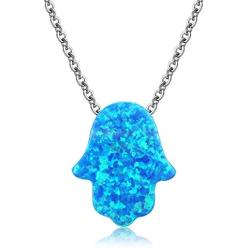 Kaletine Hamsa Hand Pendant Necklace Sterling Silver Created Fire Opal Adjustable Cable Box Chain in 16''-18''