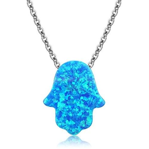 Kaletine Hamsa Hand Pendant Necklace Sterling Silver Created Fire Opal Adjustable Cable Box Chain in 16''-18''