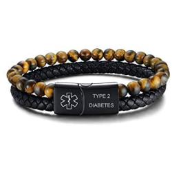 VNOX Custom Engraving Medical Alert ID Two-Strand Braided Leather Cuff Wristband Rope Bracelet with Magnetic Clasp for Men Boys