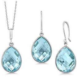 Gem Stone King Sterling Silver Blue Topaz Pendant and Earrings Set 22.50 cttw Pear Shape 16X12MM Gemstone Birthstone with 18inches silver Chain