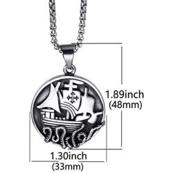 Elfasio Viking Pendant Necklace for Men Pirate Drakkar Ship Norse Sea Monster Octopus Tentacle Stainless Steel Both Sided Chain Vintage Jewelry