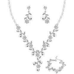LOYALLOOK Bridal Jewelry Set Crystal Flower Leaf Necklace Earring Bracelet Jewelry Set Costume Jewelry for Women
