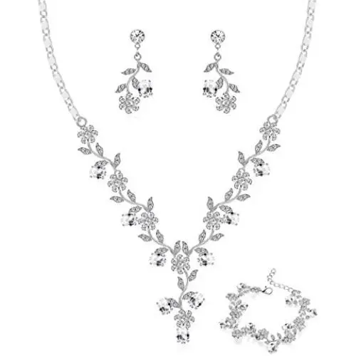 LOYALLOOK Bridal Jewelry Set Crystal Flower Leaf Necklace Earring Bracelet Jewelry Set Costume Jewelry for Women