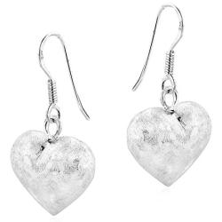 Adorable Puffy Hearts with Brushed Finish .925 Sterling Silver Dangle Earrings