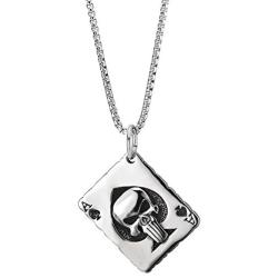 Steel Ace Card Poker Grid Checker Pattern Pendant Necklace with Punisher Skull and Spade, Two-Sided