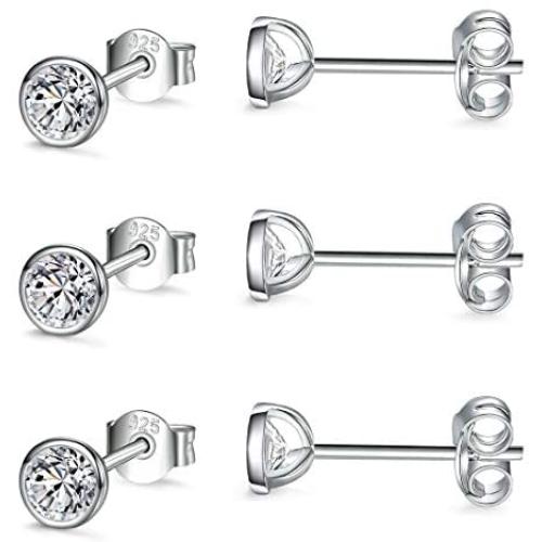 Sterling Silver Stud Earrings for Women Men Girls- 3 Pairs of Tiny Round Cubic Zirconia Earrings CZ Small Cartilage Tragus Earrings(2mm/3mm/4mm)