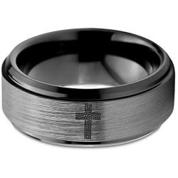 Tiny Hearts Cross Christian Ring - Tungsten Band 8mm - Men - Women - 18k Rose Gold Step Bevel Edge - Yellow - Grey - Blue - Black - Brushed - Polished - Wedding - Gift Dome Flat Cut