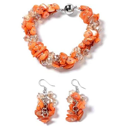Shop LC Shell Beads Earrings Magnetic Clasp Bracelet Prom Jewellery Sets for Women Mothers Day Gifts 8'' (White,Red,Blue,Orange,Purple,Coral,Pink)