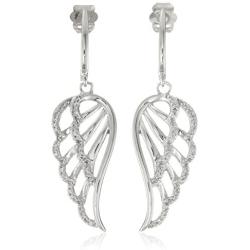 Jewelili 10K White Gold 1/5 Cttw Natural White Round Diamond Angel Wing Dangle Earrings