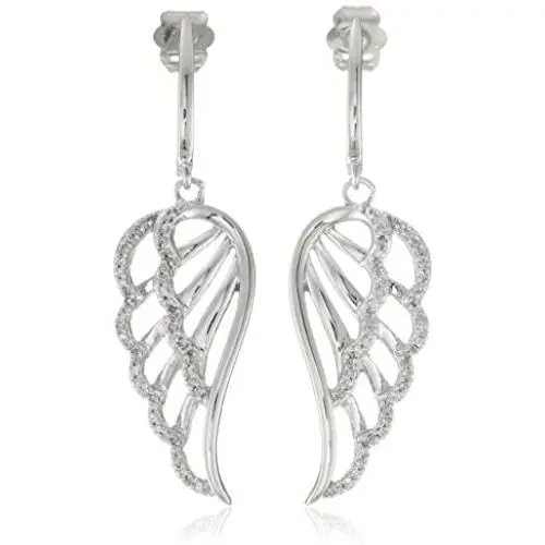 Jewelili 10K White Gold 1/5 Cttw Natural White Round Diamond Angel Wing Dangle Earrings
