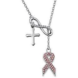 POTIY Breast Cancer Awareness Jewelry Pink Ribbon Breast Cancer Y Necklace with Cross Charm Gift for Christian Women Girls