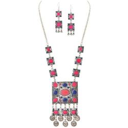 Zephyrr Fashion Oxidized Silver Afghani Style Pendant Necklace Earrings Set for Girls and Women