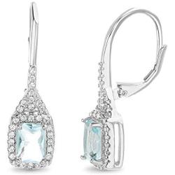MIA SARINE Rhodium Plated Sterling Silver Rectangular Simulated Aquamarine and Cubic Zirconia Bridal Leverback Earring