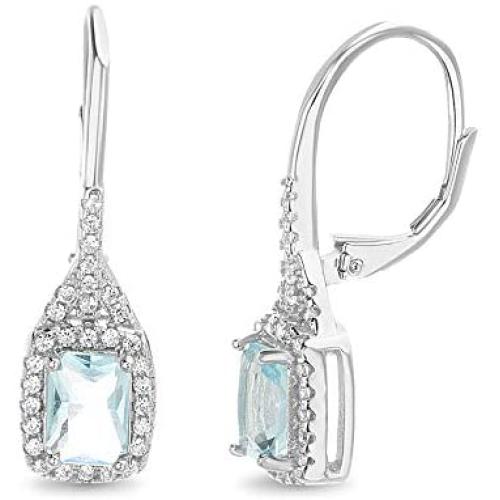 MIA SARINE Rhodium Plated Sterling Silver Rectangular Simulated Aquamarine and Cubic Zirconia Bridal Leverback Earring