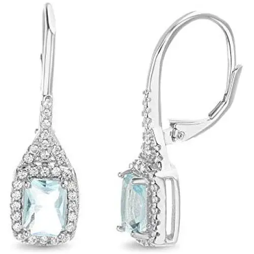 MIA SARINE Rhodium Plated Sterling Silver Rectangular Simulated Aquamarine and Cubic Zirconia Bridal Leverback Earring MIA SARINE Rhodium Plated Sterling Silver Rectangular Simulated Aquamarine and Cubic Zirconia Bridal Leverback Earring