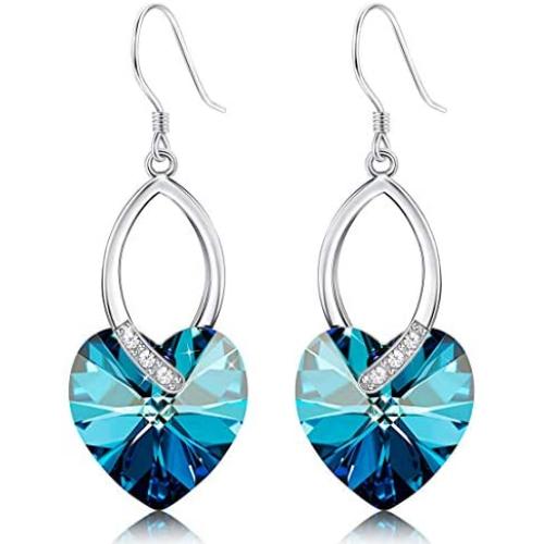 Sllaiss Blue Crystals Dangle Earrings for Women Heart Crystal Dropp Earrings Birthday Jewelry Gift for Her Made with Swarovski Crystals