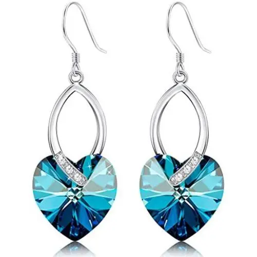 Sllaiss Blue Crystals Dangle Earrings for Women Heart Crystal Dropp Earrings Birthday Jewelry Gift for Her Made with Swarovski Crystals