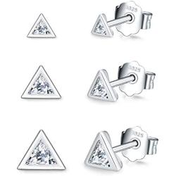 Sterling Silver Stud Earrings for Women, 3 Pairs Small Silver Triangle Ear Studs | Tiny 14K Gold Cubic Zirconia Earrings Set Dainty Cartilage Tragus Sleeper Jewelry for Men Girls(3mm/4mm/5mm)