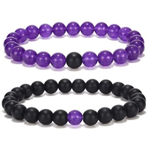 Black Matte & Purple Agate Stone His and Hers Bracelets 8mm Sandstone Couple Bracelet XIAOLI