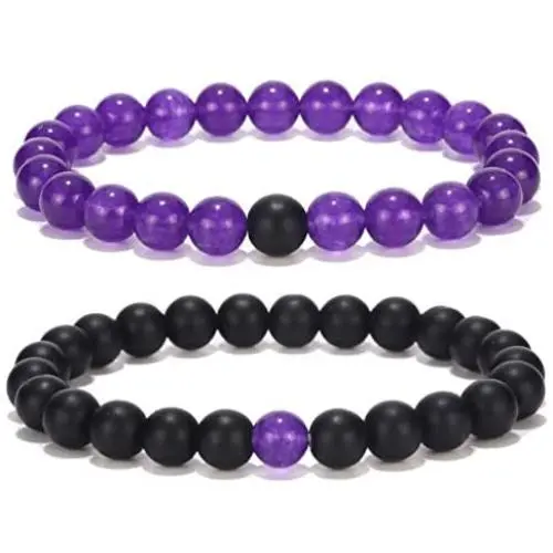 Black Matte & Purple Agate Stone His and Hers Bracelets 8mm Sandstone Couple Bracelet XIAOLI