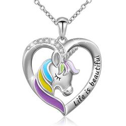 Unicorn Necklace Sterling Silver Forever Love Unicorn in Heart Pendant Necklace for Women Girlfriend Daughter Gift