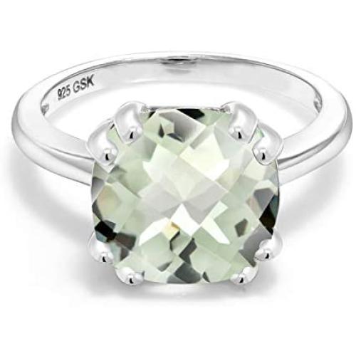 Gem Stone King 925 Sterling Silver Green Prasiolite Womens Ring (3.33 Ct Cushion Checkerboard Available in size 5, 6, 7, 8, 9)