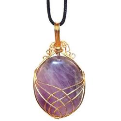 Pure Purple Amethyst Crystal Necklace - for Spiritual Awarness & Peace, Golden Plated Wire Wrap Amethyst Crystal Jewelry, Adjustable Cord Length, Gemstone Chakra Healing Charm