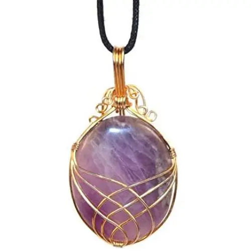 Pure Purple Amethyst Crystal Necklace - for Spiritual Awarness & Peace, Golden Plated Wire Wrap Amethyst Crystal Jewelry, Adjustable Cord Length, Gemstone Chakra Healing Charm