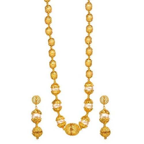 Bindhani Indian Bollywood Jewelry Wedding Bridal Bridesmaid Royal Rajasthani Kundan Long Moti Beads Pearl Mala Rani Haar Gold Plated Multi Layered Necklace Earrings Set Jewellery for Women
