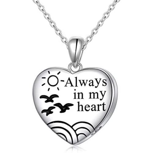 Cremation Jewelry 925 Sterling Silver Heart with Seagulls Memorial Urn Ashes Keepsake Cylinder Necklace Pendant Engraved Always in my heart