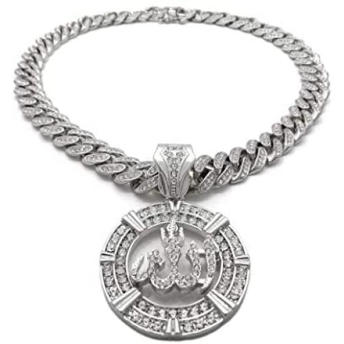 BLINGFACTORY Hip Hop Allah Muslim Pendant & 12mm 18'' Iced Box Lock Miami Cuban Chain Necklace