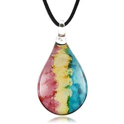 Suvani Jewelry Hand Blown Venetian Murano Glass Pastel Rasta Reggae Pastel 3 Colors Teardrop Puff Pendant Necklace