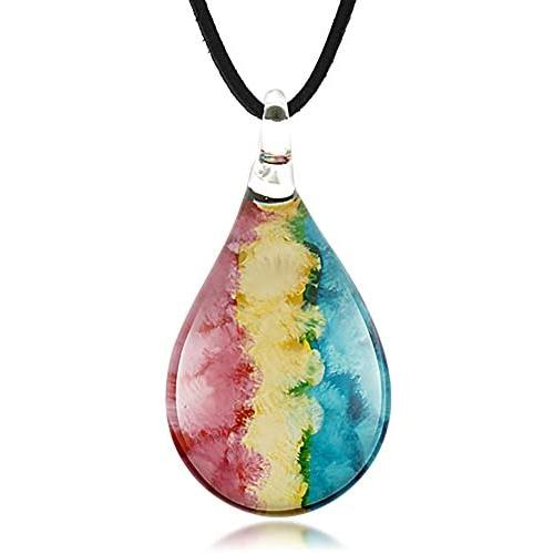 Suvani Jewelry Hand Blown Venetian Murano Glass Pastel Rasta Reggae Pastel 3 Colors Teardrop Puff Pendant Necklace