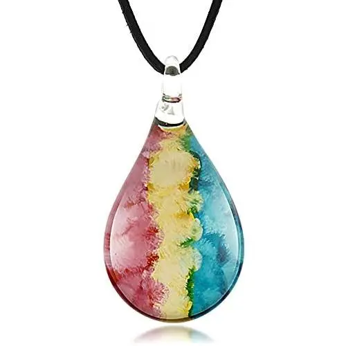 Suvani Jewelry Hand Blown Venetian Murano Glass Pastel Rasta Reggae Pastel 3 Colors Teardrop Puff Pendant Necklace