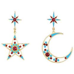 KaFu Star Moon Asymmetrical Earrings Jewelry Fashion Moon Star Mismatched Earrings Drop with Rhinestone - Crescent Moon Earrings Star Pentagram - Earrings for Women and Gril