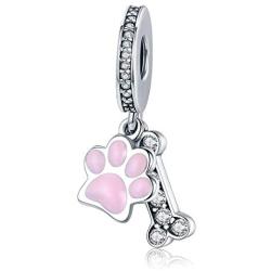 Dog Paw Charm for Pandora Charms Bracelet Pink Enamel CZ Paved Bead Charms Birthday Jewelry Gifts