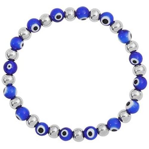 Edforce Stainless Steel Women Enamel Evil Eye Protection Beaded Link Chain Elastic Bracelet
